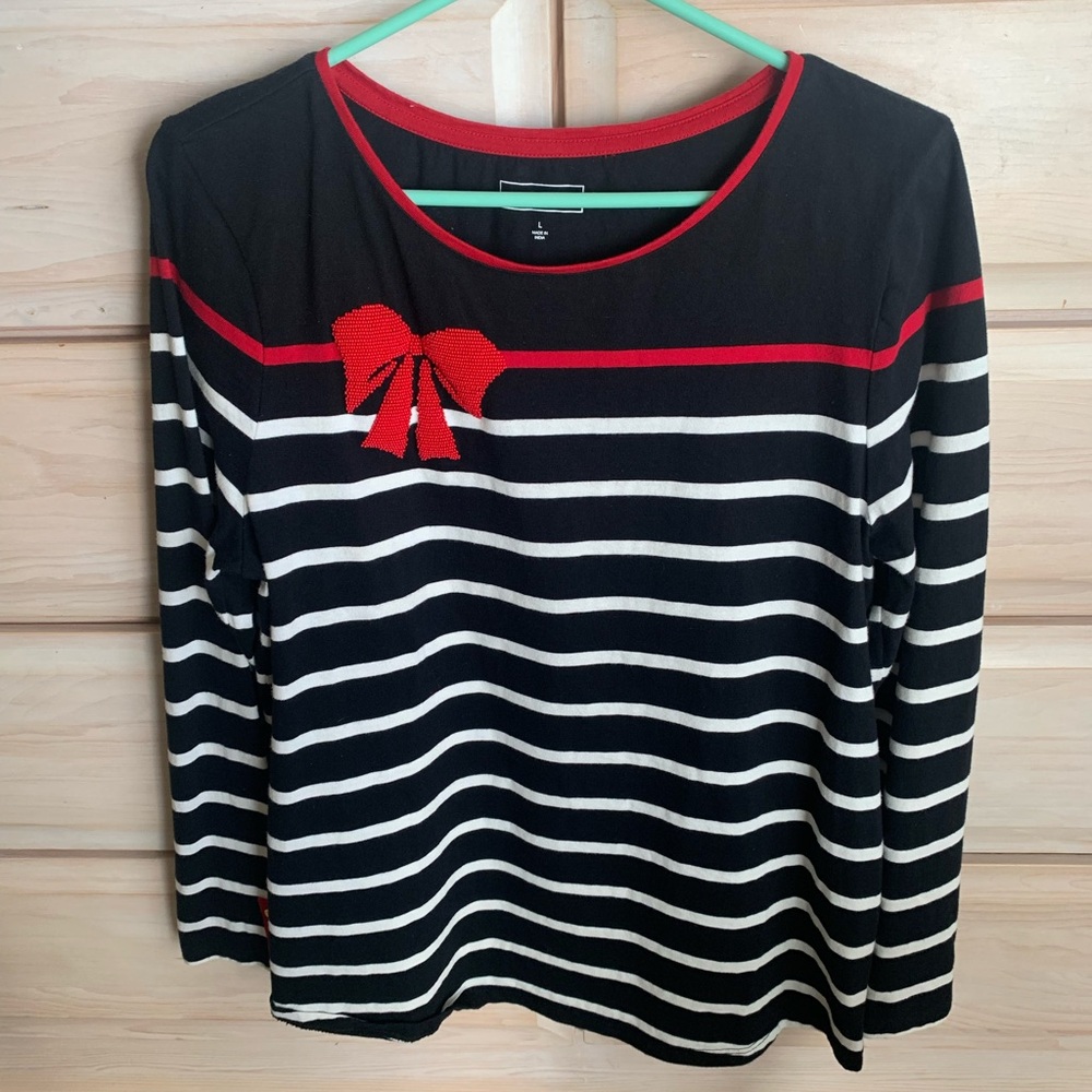 Charter Club Black and White Striped Top with Red Bow